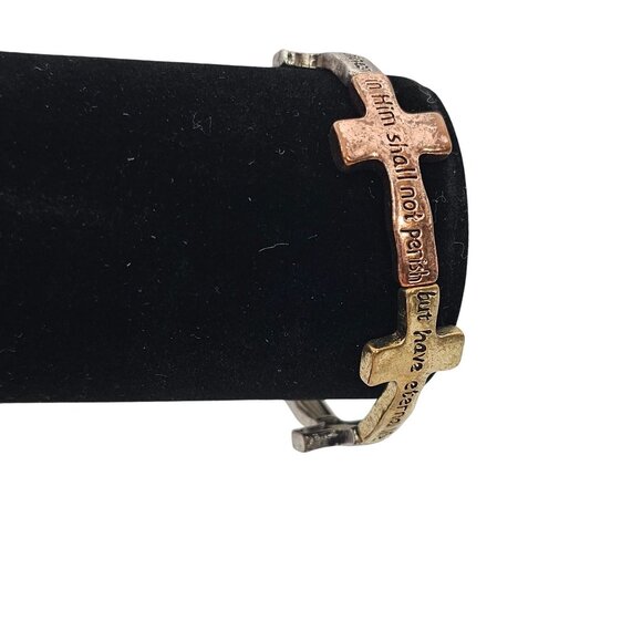 Inspirational Cross Bracelet Bible Verse In Tri-Color Gold  Metal Stretch Faith - Picture 12 of 14